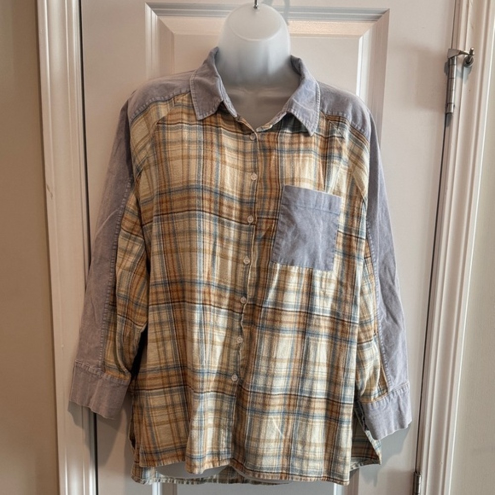 Women’s Altar’d State Mixed Denim Plaid Button-Up Shirt with Pocket - Small